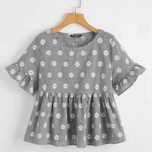 SHEIN Daisy Embroidered Ruffle Cuff and Hem Buffalo Plaid Top